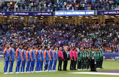 India and Pakistan players prior to the start of the match in Dubai. Chris Whiteoak / The National