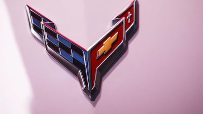 A badge is displayed on a new Corvette Stingray. Bloomberg