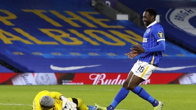 Danny Welbeck of Brighton in action against goalkeeper Vicente Guaita of Crystal Palace. EPA