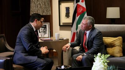 Jordan's King Abdullah (right) meets with Moroccan foreign minister Nasser Bourita in Amman on January 6, 2018. Mr Bourita is part of the group of Arab League foreign ministers meeting in the Jordanian capital to discuss the Arab response to Washington's recognition of Jerusalem as the capital of Israel. Yousef Allan / Jordanian Royal Palace Handout / EPA