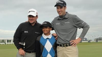 Dhruv Nair with Graeme McDowell and Ross Fisher at St Andrews.
