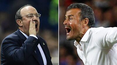Real Madrid manager Rafa Benitez, left, and Barcelona coach Luis Enrique. Javier Soriano / Quique Garcia / AFP