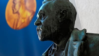 A bust of Alfred Nobel is pictured prior to the announcement of the winners of the 2020 Nobel Prize in Physiology or Medicine at the Karolinska Institute in Stockholm, Sweden, on October 5, 2020. AFP