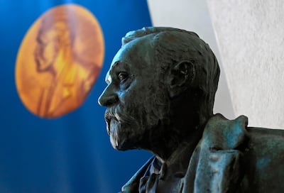 A bust of Alfred Nobel is pictured prior to the announcement of the winners of the 2020 Nobel Prize in Physiology or Medicine at the Karolinska Institute in Stockholm, Sweden, on October 5, 2020. AFP