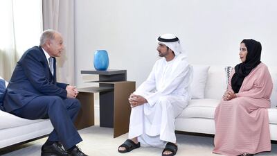 Sheikh Hamdan bin Mohammed, Crown Prince of Dubai, and Mona Al Marri, chief executive of the Dubai Media Office, meet Ahmed Abu Al Gheit, Secretary-General of the Arab League, during the Arab Media Forum on Monday. Wam