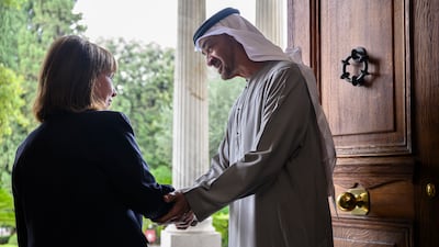 President Sheikh Mohamed bids farewell to Ms Sakellaropoulou after a reception at the Presidential Mansion.