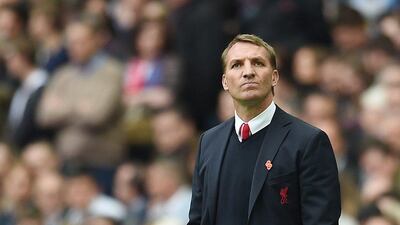 Liverpool manager Brendan Rodgers reacts during his side's FA Cup semi-final loss to Aston Villa on Sunday at Wembley. Andy Rain / EPA / April 19, 2015