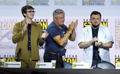 From left: Game of Thrones's Isaac Hempstead Wright, Conleth Hill and John Bradley speak at the 'Game Of Thrones' panel and Q&A on day two of Comic-Con International: San Diego on Friday, July 19, 2019. AP