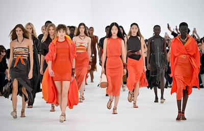 Lightness defined Nadège Vanhée’s collection for Hermes, which included perforated suede and open-knit dresses. AFP