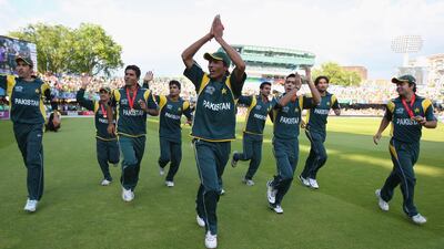 Mohammad Aamer leads the Pakistan celebration after their victory in the ICC World Twenty20 2009 against Sri Lanka in London, England. (Photo by Tom Shaw/Getty Images)