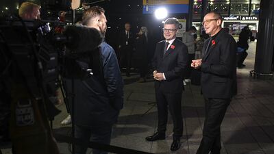 Sean Doyle, left, British Airways’ chairman and chief executive, and Shai Weiss, Virgin Atlantic’s chief executive, speak to the media at Heathrow