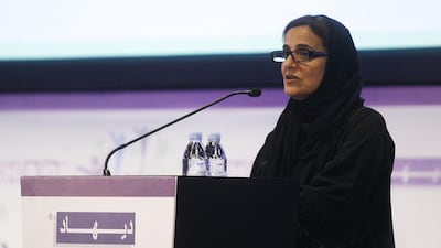 Sheikha Lubna Al Qasimi at the Dubai International Humanitarian Aid and Development Conference on Tuesday. Lee Hoagland / The National