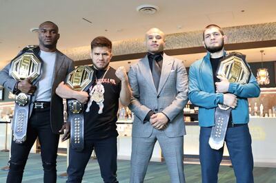 Kamaru Usman, left, Henry Cejudo, second left, and Khabib Nurmagomedov, right. Courtesy Ali Abdelaziz