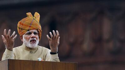 Indian prime minister Narendra Modi gestures as he delivers his independence day speech from The Red Fort in New Delhi on August 15, 2015. Roberto Schmidt/AFP Photo
