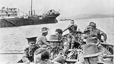 Members of the 2nd Australian Field Ambulance practice boat drills off Lemnos, Greece, in preparation for landings at Gallipoli, April 1915. Australian War Memorial image C01632, courtesy Pera Palace Hotel Jumeirah