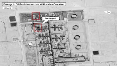 This image provided by the U.S. government and DigitalGlobe and annotated by the source, shows damage to the infrastructure at Saudi Aramco's Khurais oil field in Buqyaq, Saudi Arabia. The drone attack Saturday on Saudi Arabia's Abqaiq plant and its Khurais oil field led to the interruption of an estimated 5.7 million barrels of the kingdom's crude oil production per day, equivalent to more than 5% of the world's daily supply. AP