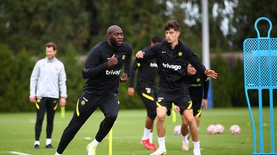 COBHAM, ENGLAND - OCTOBER 01: Romelu Lukaku of Chelsea in action during the Chelsea Training session at Chelsea Training Ground on October 01, 2021 in Cobham, England. (Photo by Chris Lee - Chelsea FC/Chelsea FC via Getty Images)