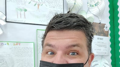 Ben Rothwell, assistant headteacher at Victory Heights Primary School in Dubai, wore a pink shirt on Thursday to raise cancer awareness. Courtesy: Ben Rothwell