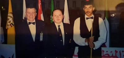 Doug Mountjoy, PJ Nolan and Mohamed Shehab pictured as the UAE snooker team won their third Gulf Championship in 1997. Courtesy: Mohamed Shehab