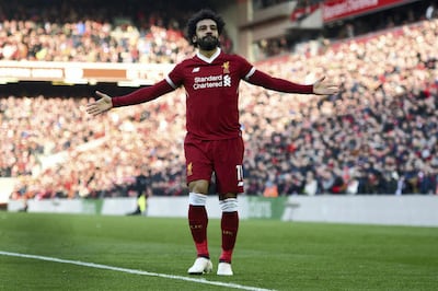 Mohamed Salah celebrates scoring for Liverpool against West Ham at Anfield. Oli Scarff / AFP Photo