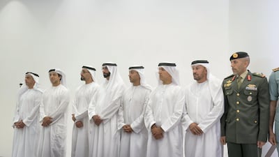 From left to right, Sheikh Saif bin Zayed, Sheikh Mansour bin Zayed, Sheikh Khaled bin Mohammed, Mohamed Ahmad Al Bowardi, Dr Ahmed Abdullah Al Falasi, Ali Mohamed Al Kaabi, and HH Major Sheikh Ahmed bin Tahnoon attend the inauguration of the Rabdan Academy. Mohamed Al Hammadi / Crown Prince Court - Abu Dhabi