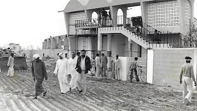 Abdulrahman Bukhatir visits the Sharjah Cricket Stadium while under construction in 1980. Photo: Sharjah Cricket