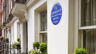 The blue plaque marking the home of T E Lawrance, Lawrence of Arabia, British First World War hero, at 14 Barton Street, Westminster, London. Getty Images