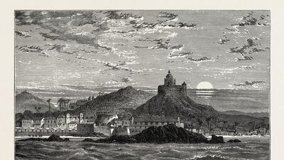 A drawing of Cape Coast Castle on the Gold Coast of West Africa, which was rebuilt by the British in the 18th century and used for slavetrading. Homegoing by Yaa Gyasi tells the story of a Ghanian slave and her sister, a slaveowner’s wife. Universal History Archive / UIG via Getty Images.