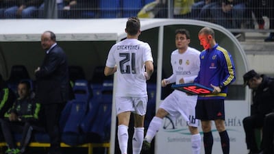 Denis Cheryshev of Real Madrid is substituted for Mateo Kovacic in their Copa del Rey match against Cadiz on Wednesday night. Denis Doyle / Getty Images / December 2, 2015