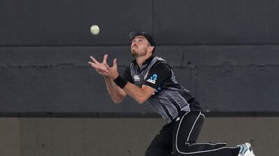 New Zealand’s Tim Southee catches out India batsman Shreyas Iyer. AFP