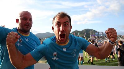 Uruguay's Gaston Mieres, right, and Juan Rombys celebrate after their shock 2019 Rugby World Cup win over Fiji in Japan on Wednesday, September 25. Reuters