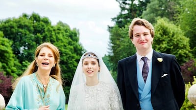 2020: Princess Raiyah, centre, daughter of Queen Noor of Jordan, left, marries Roald Dahl's grandson Ned Donovan in small UK ceremony. Photo: Arabia Royal Agency