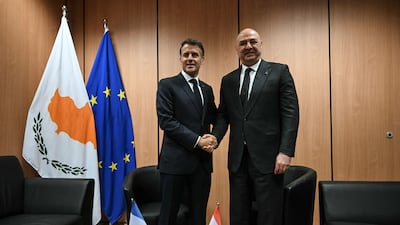 France's President Emmanuel Macron and Lebanon's President Joseph Aoun meet at the summit of EU leaders and their regional partners in Nicosia, Cyprus. Reuters