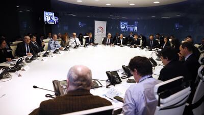French President Emmanuel Macron presides over an emergency crisis meeting at the Interior Ministry in Paris. EPA