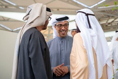President Sheikh Mohamed and Sheikh Mohammed bin Rashid with Sheikh Mansour bin Zayed, Vice President, Deputy Prime Minister and Chairman of the Presidential Court. Photo: UAE Presidential Court