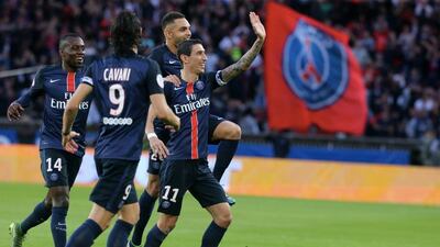 Angel di Maria, right, of Paris Saint-Germain celebrate a goal with teammates at Parc Des Princes in Paris, France. Xavier Laine/Getty Images