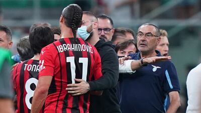 Lazio manager Maurizio Sarri remonstrates with Zlatan Ibrahimovic. AP