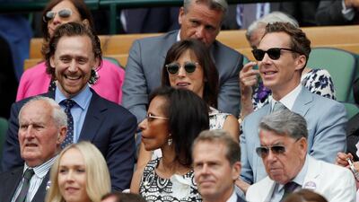 Actor Tom Hiddleston with Benedict Cumberbatch and his wife, Sophie Hunter, in the Royal Box during the final between Switzerland's Roger Federer and Serbia's Novak Djokovic Adrian Dennis/Pool via REUTERS
