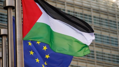 The Palestinian flag flies in front of the European Commission as Palestinian Prime Minister Mohammad Mustafa attends the second meeting of the Palestine Donor Group in Brussels, Belgium, 13 July 2026. EPA / OLIVIER MATTHYS