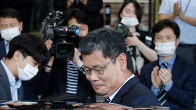 Kim Yeon-chul leaves the government complex in Seoul on June 19, 2020 after resigning as South Korean Unification Minister. AP Photo