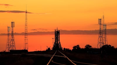 The Soyuz MS-15 spacecraft in the early morning hours ahead of the scheduled launch with Expedition 61 crew members from the Baikonur Cosmodrome in Kazakhstan. AFP