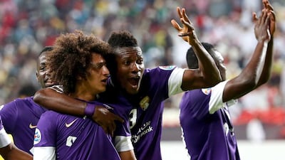 Omar Abdulrahman, centre, got Al Ain's party started and Omar Abdulrahman, left, added to the celebration as the Garden City club won 2-1 in the first leg of their Asian Champions League Round of 16 match against Arabian Gulf League rivals Al Jazira. Marwan Naamani / AFP