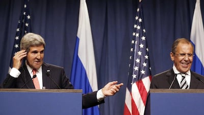 After a meeting in Geneva, the US secretary of state, John Kerry, left, and the Russian foreign minister Sergei Lavrov, yesterday said they had agrees a framework for Syria to destroy its chemical weapons, and would seek a UN resolution to authorise sanctions if the regime failed to comply. Larry Downing / AP Photo