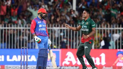 Afghanistan's Mohammad Nabi after being trapped lbw by Bangladesh bowler Mohammad Saifuddin.