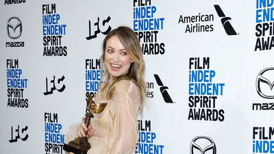 Olivia Wilde, in a nude Fendi gown, attends the 2020 Film Independent Spirit Awards in Santa Monica, California, February 8, 2020.