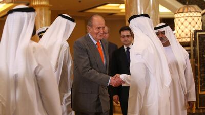 UAE officials welcome King Juan Carlos, centre, at the UAE-Spain Economic Forum at the Emirates Palace hotel in Abu Dhabi. Ali Haider / EPA