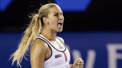 Dominika Cibulkova celebrates during her win over Victoria Azarenka at the Australian Open on Monday to reach the quarter-finals. Barbara Walton / EPA / January 26, 2015