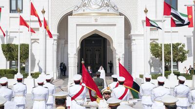 Sheikh Mohamed bin Zayed, Crown Prince of Abu Dhabi and Deputy Supreme Commander of the UAE Armed Forces and Sooronbay Sharipovich Jeenbekov, President of Kyrgyzstan, stand for the national anthem during an official visit reception at Qasr Al Watan. Mohamed Al Hammadi / Ministry of Presidential Affairs