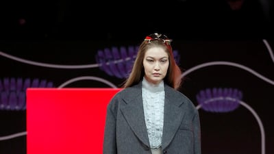 Gigi Hadid presents a creation from the Prada show during Milan Fashion Week on February 20, 2020. Reuters