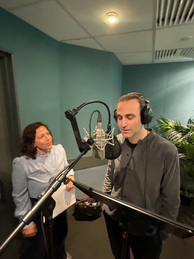 Actor Khalid Abdallah recording his part for Soudade Kaadan's film with the director.